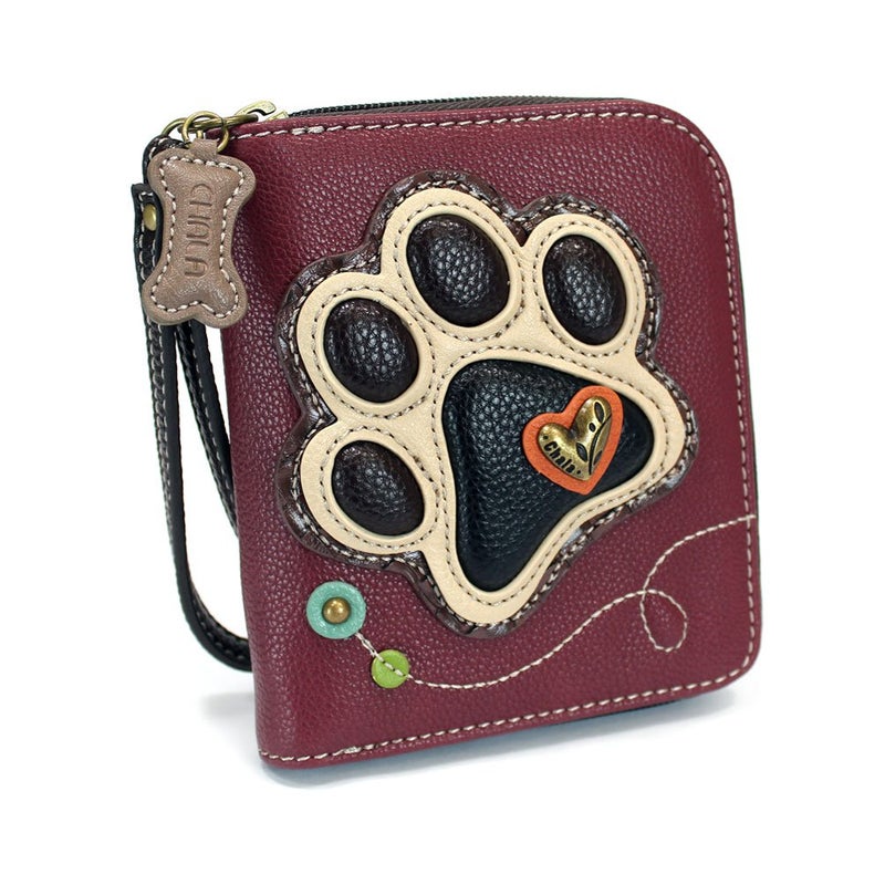CHALA Zip Around Wallet, Wristlet, 8 Credit Card Slots, Sturdy Pu Leather - Ivory Paw Print - Maroon - Image 1